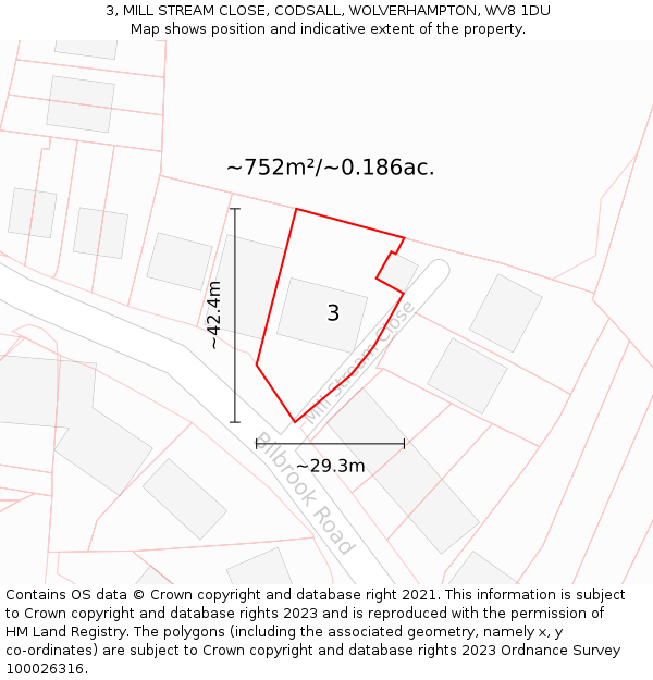 3, MILL STREAM CLOSE, CODSALL, WOLVERHAMPTON, WV8 1DU: Plot and title map