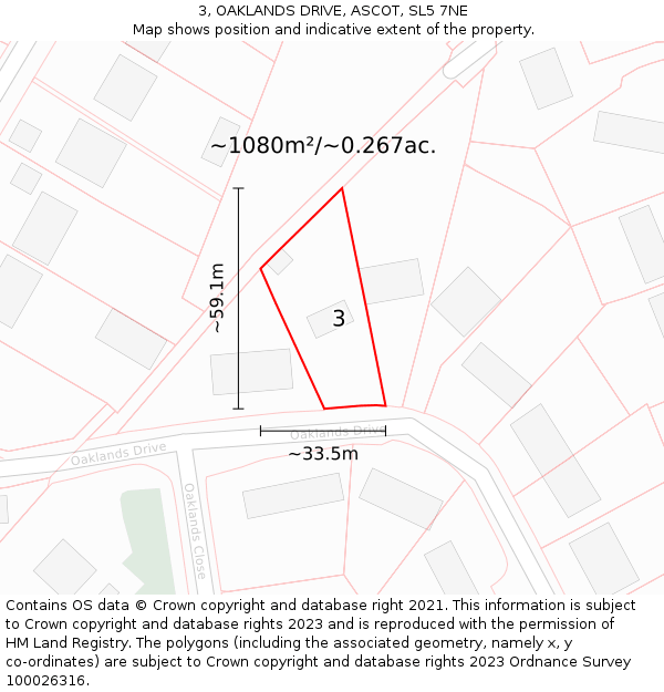 3, OAKLANDS DRIVE, ASCOT, SL5 7NE: Plot and title map