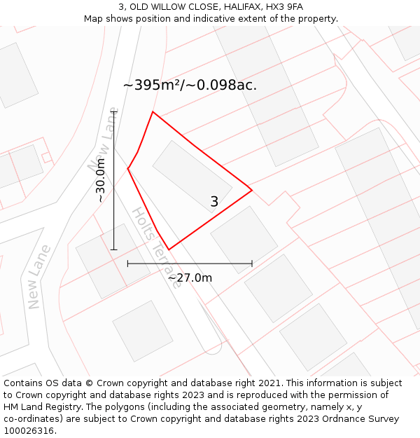 3, OLD WILLOW CLOSE, HALIFAX, HX3 9FA: Plot and title map