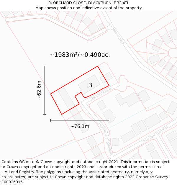 3, ORCHARD CLOSE, BLACKBURN, BB2 4TL: Plot and title map