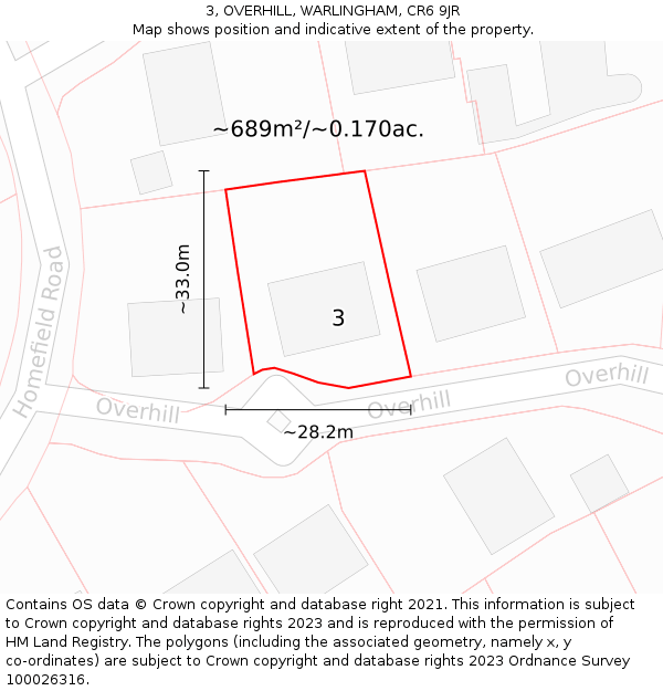 3, OVERHILL, WARLINGHAM, CR6 9JR: Plot and title map