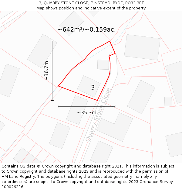 3, QUARRY STONE CLOSE, BINSTEAD, RYDE, PO33 3ET: Plot and title map