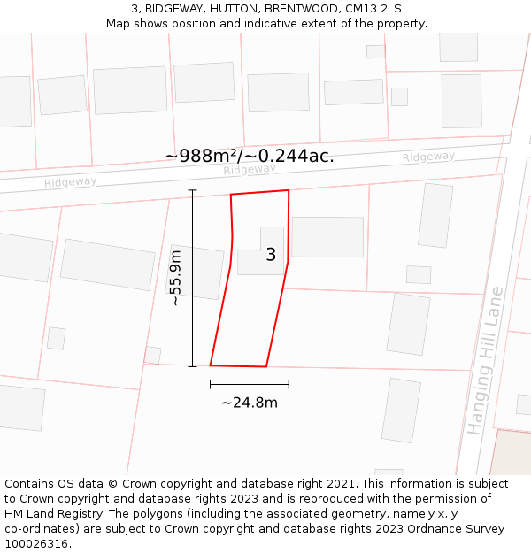 3, RIDGEWAY, HUTTON, BRENTWOOD, CM13 2LS: Plot and title map