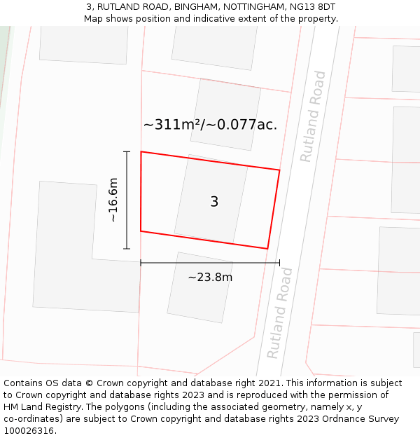 3, RUTLAND ROAD, BINGHAM, NOTTINGHAM, NG13 8DT: Plot and title map