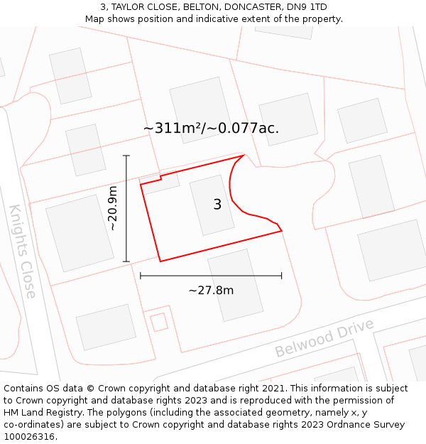 3, TAYLOR CLOSE, BELTON, DONCASTER, DN9 1TD: Plot and title map