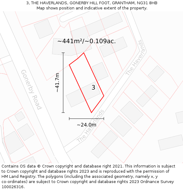 3, THE HAVERLANDS, GONERBY HILL FOOT, GRANTHAM, NG31 8HB: Plot and title map