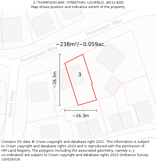 3, THOMPSON WAY, STREETHAY, LICHFIELD, WS13 8GD: Plot and title map