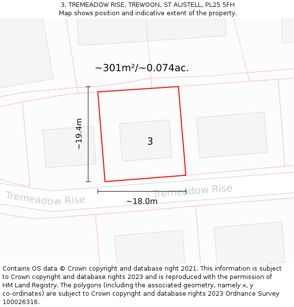 3, TREMEADOW RISE, TREWOON, ST AUSTELL, PL25 5FH: Plot and title map