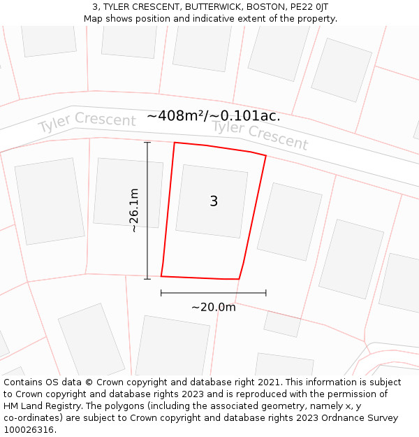 3, TYLER CRESCENT, BUTTERWICK, BOSTON, PE22 0JT: Plot and title map