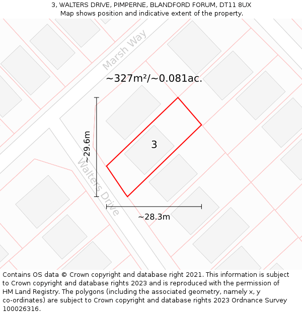 3, WALTERS DRIVE, PIMPERNE, BLANDFORD FORUM, DT11 8UX: Plot and title map