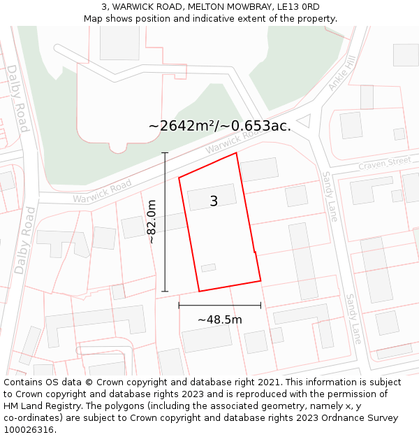 3, WARWICK ROAD, MELTON MOWBRAY, LE13 0RD: Plot and title map