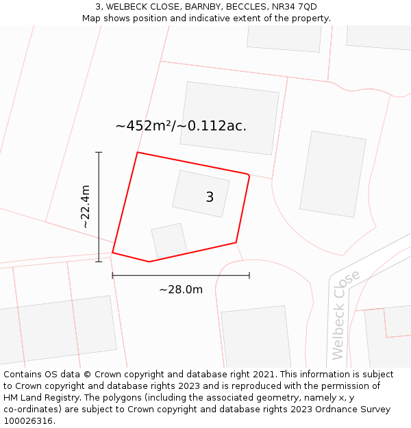 3, WELBECK CLOSE, BARNBY, BECCLES, NR34 7QD: Plot and title map