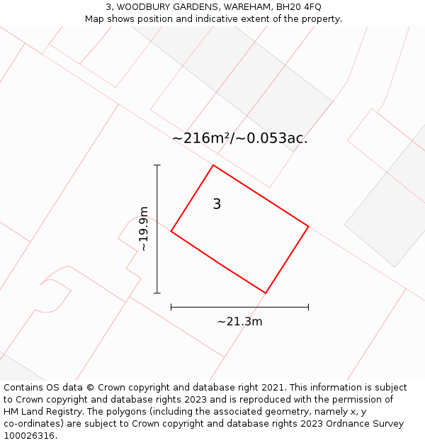 3, WOODBURY GARDENS, WAREHAM, BH20 4FQ: Plot and title map