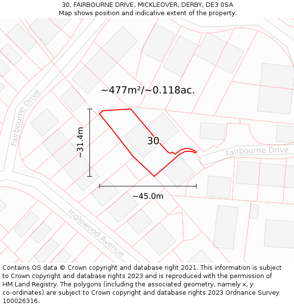 30, FAIRBOURNE DRIVE, MICKLEOVER, DERBY, DE3 0SA: Plot and title map