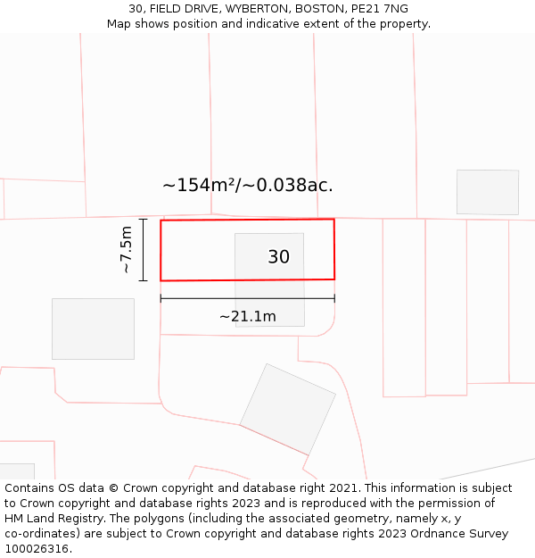 30, FIELD DRIVE, WYBERTON, BOSTON, PE21 7NG: Plot and title map