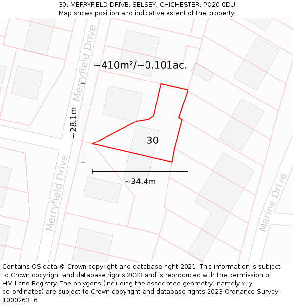 30, MERRYFIELD DRIVE, SELSEY, CHICHESTER, PO20 0DU: Plot and title map