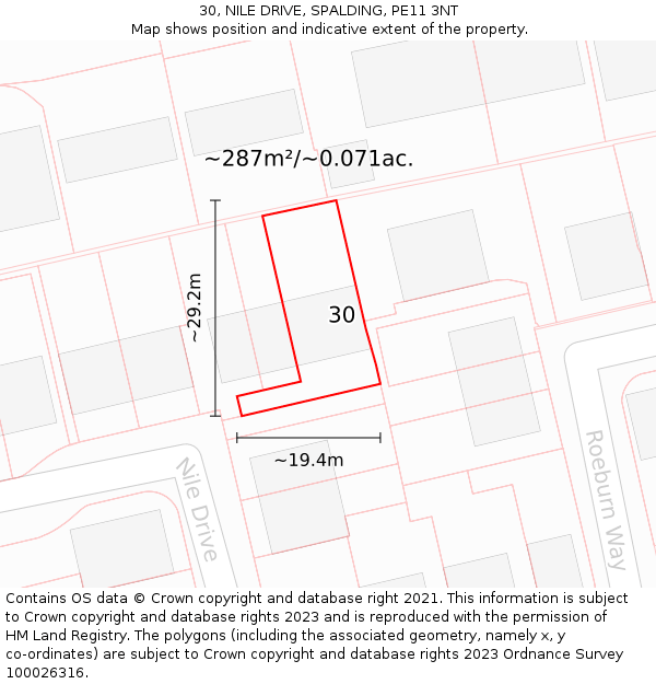 30, NILE DRIVE, SPALDING, PE11 3NT: Plot and title map