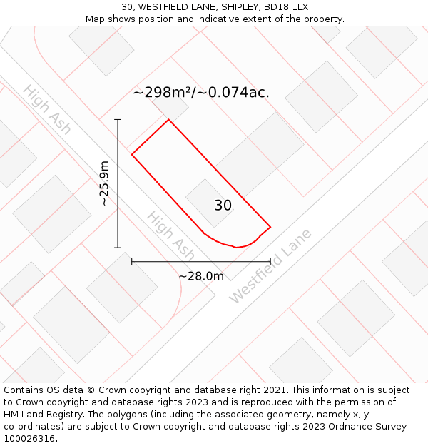 30, WESTFIELD LANE, SHIPLEY, BD18 1LX: Plot and title map
