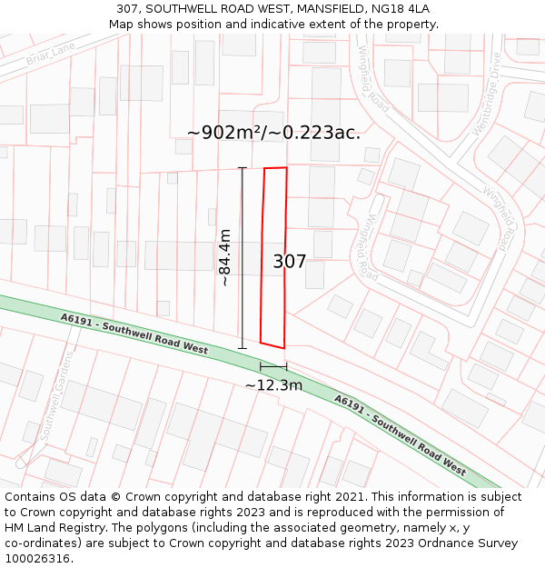 307, SOUTHWELL ROAD WEST, MANSFIELD, NG18 4LA: Plot and title map