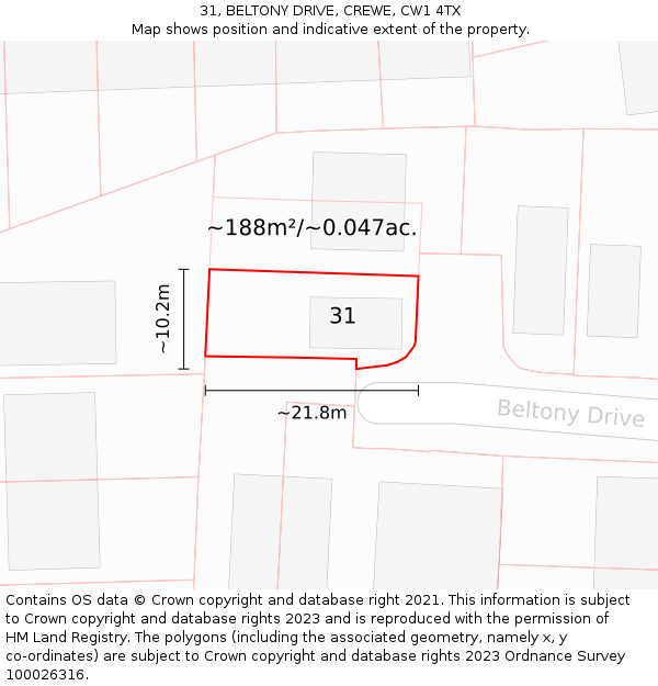 31, BELTONY DRIVE, CREWE, CW1 4TX: Plot and title map