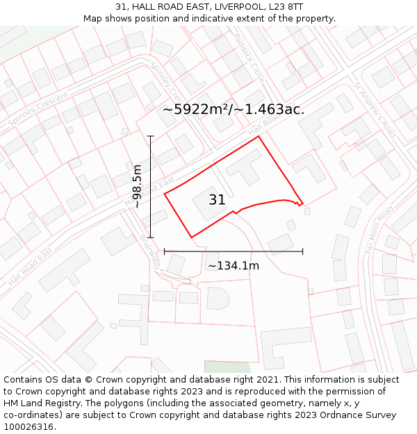 31, HALL ROAD EAST, LIVERPOOL, L23 8TT: Plot and title map