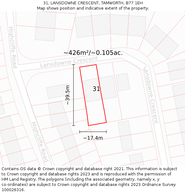 31, LANSDOWNE CRESCENT, TAMWORTH, B77 1EH: Plot and title map