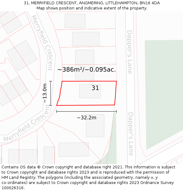 31, MERRYFIELD CRESCENT, ANGMERING, LITTLEHAMPTON, BN16 4DA: Plot and title map