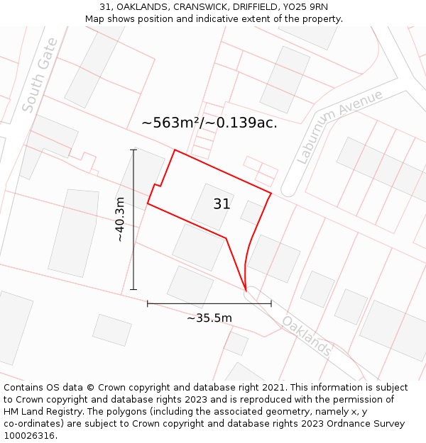 31, OAKLANDS, CRANSWICK, DRIFFIELD, YO25 9RN: Plot and title map