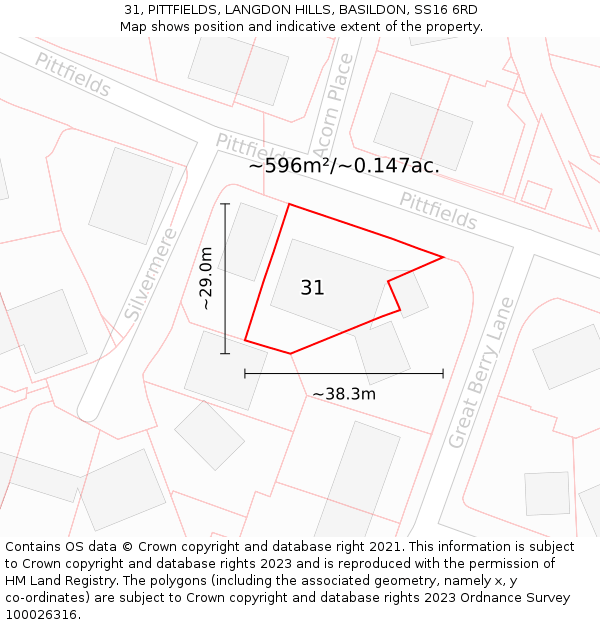 31, PITTFIELDS, LANGDON HILLS, BASILDON, SS16 6RD: Plot and title map