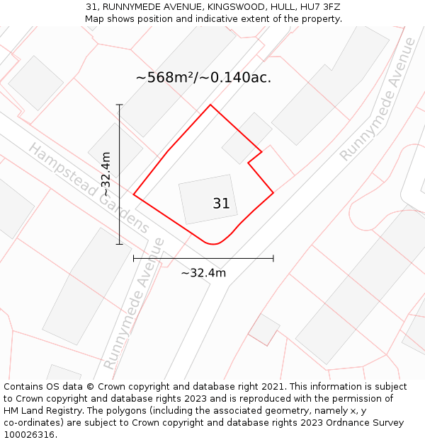 31, RUNNYMEDE AVENUE, KINGSWOOD, HULL, HU7 3FZ: Plot and title map