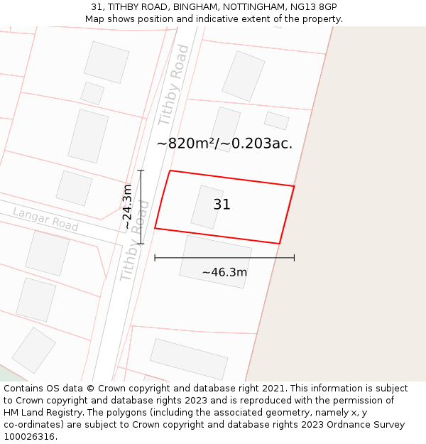 31, TITHBY ROAD, BINGHAM, NOTTINGHAM, NG13 8GP: Plot and title map