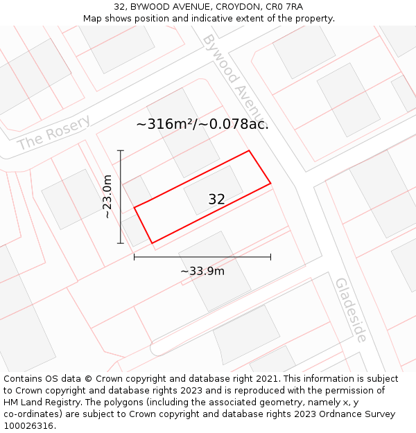 32, BYWOOD AVENUE, CROYDON, CR0 7RA: Plot and title map