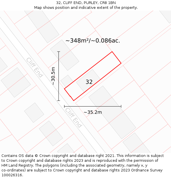 32, CLIFF END, PURLEY, CR8 1BN: Plot and title map