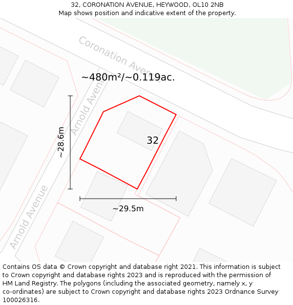 32, CORONATION AVENUE, HEYWOOD, OL10 2NB: Plot and title map