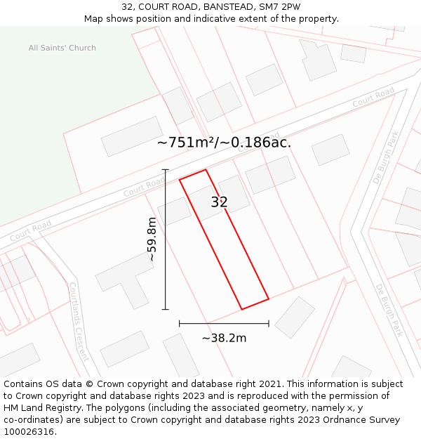 32, COURT ROAD, BANSTEAD, SM7 2PW: Plot and title map