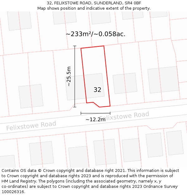 32, FELIXSTOWE ROAD, SUNDERLAND, SR4 0BF: Plot and title map