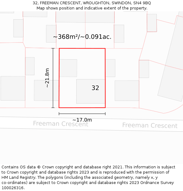 32, FREEMAN CRESCENT, WROUGHTON, SWINDON, SN4 9BQ: Plot and title map