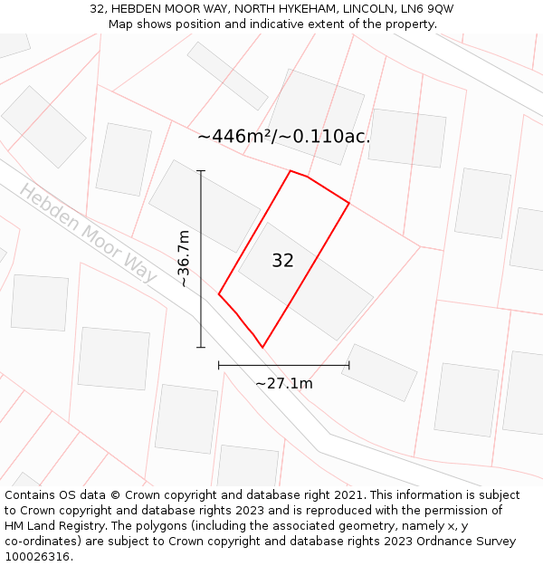 32, HEBDEN MOOR WAY, NORTH HYKEHAM, LINCOLN, LN6 9QW: Plot and title map