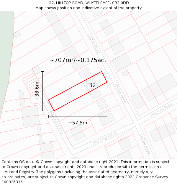 32, HILLTOP ROAD, WHYTELEAFE, CR3 0DD: Plot and title map