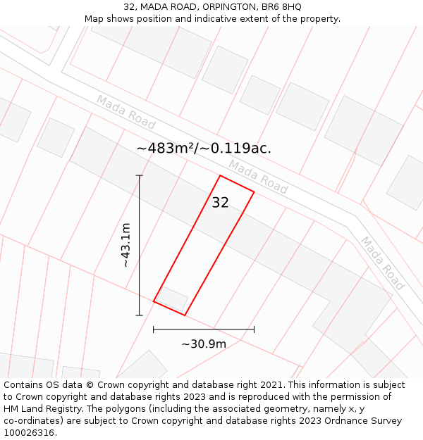 32, MADA ROAD, ORPINGTON, BR6 8HQ: Plot and title map