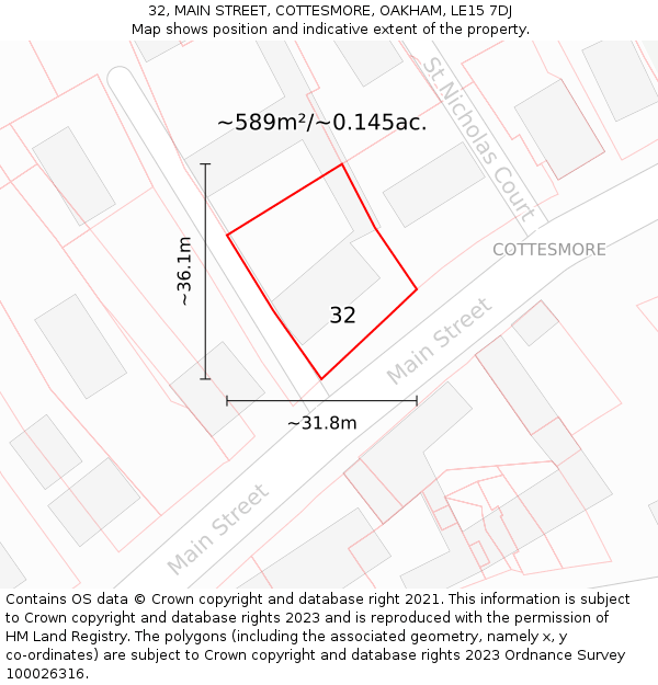 32, MAIN STREET, COTTESMORE, OAKHAM, LE15 7DJ: Plot and title map