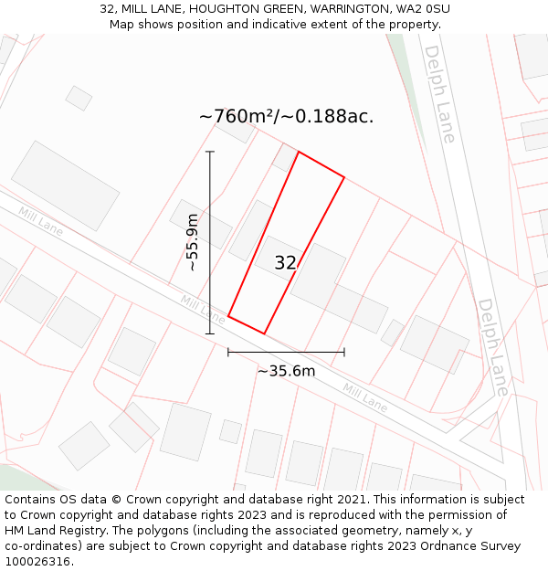 32, MILL LANE, HOUGHTON GREEN, WARRINGTON, WA2 0SU: Plot and title map