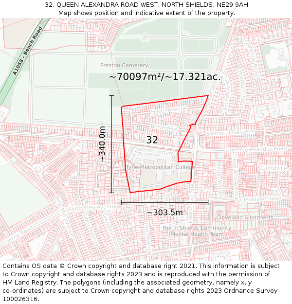 32, QUEEN ALEXANDRA ROAD WEST, NORTH SHIELDS, NE29 9AH: Plot and title map