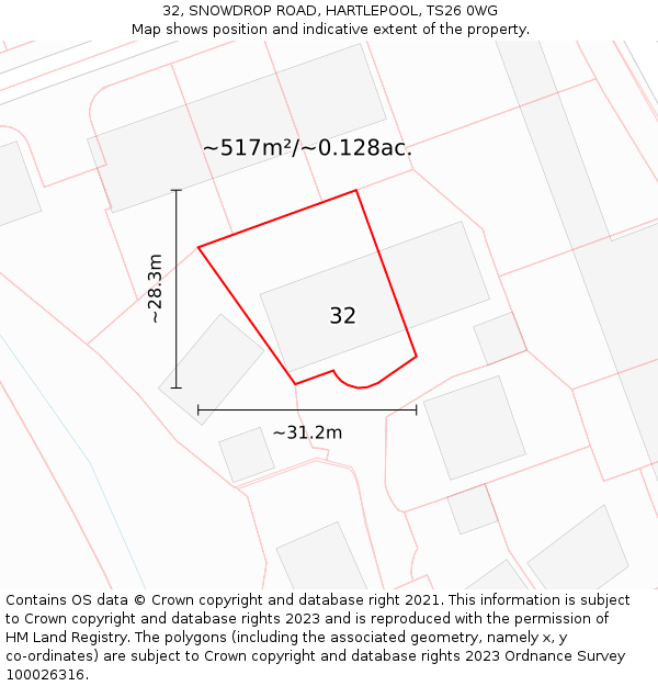 32, SNOWDROP ROAD, HARTLEPOOL, TS26 0WG: Plot and title map