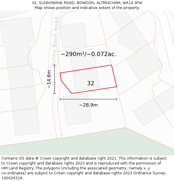 32, SUNNYBANK ROAD, BOWDON, ALTRINCHAM, WA14 3PW: Plot and title map