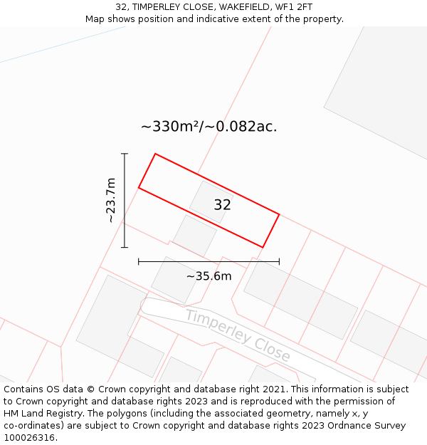 32, TIMPERLEY CLOSE, WAKEFIELD, WF1 2FT: Plot and title map