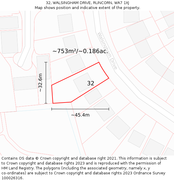 32, WALSINGHAM DRIVE, RUNCORN, WA7 1XJ: Plot and title map