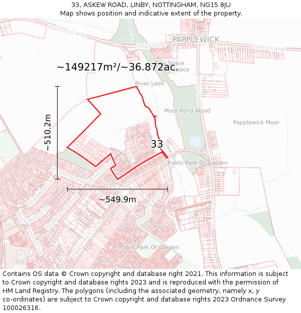 33, ASKEW ROAD, LINBY, NOTTINGHAM, NG15 8JU: Plot and title map