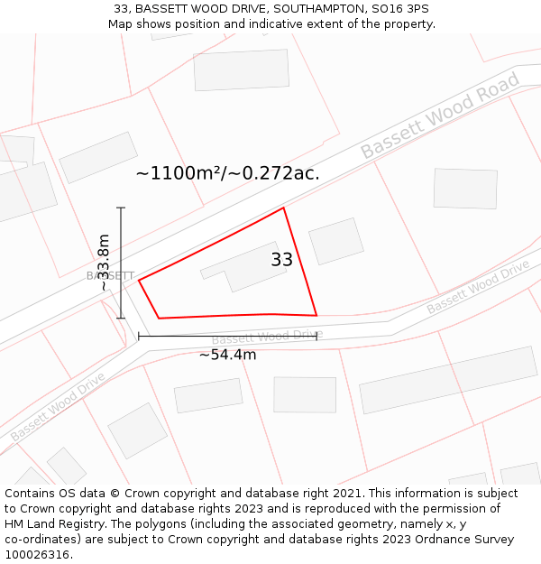 33, BASSETT WOOD DRIVE, SOUTHAMPTON, SO16 3PS: Plot and title map