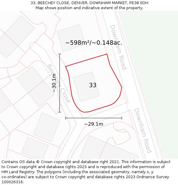 33, BEECHEY CLOSE, DENVER, DOWNHAM MARKET, PE38 0DH: Plot and title map